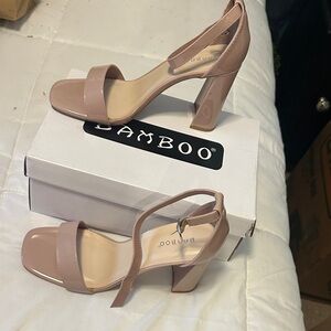 BAMBOO Blush Patent Block Heel Sandals